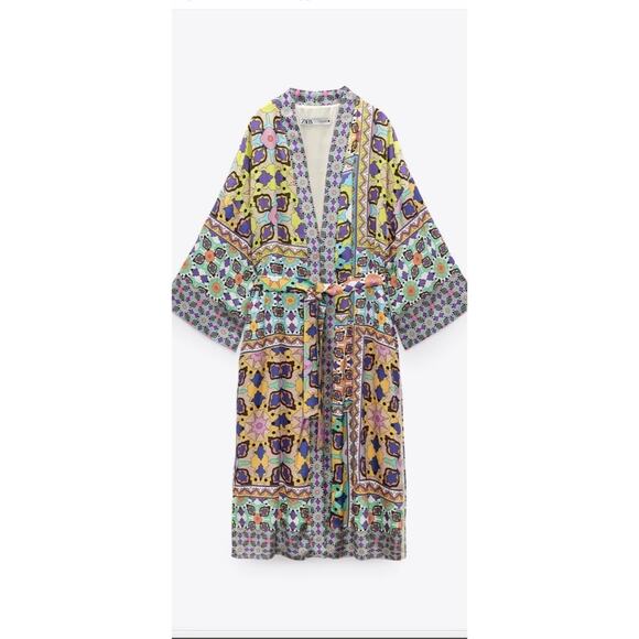 Zara Satin Effect Printed Belted Kimono Robe - Picture 4 of 12